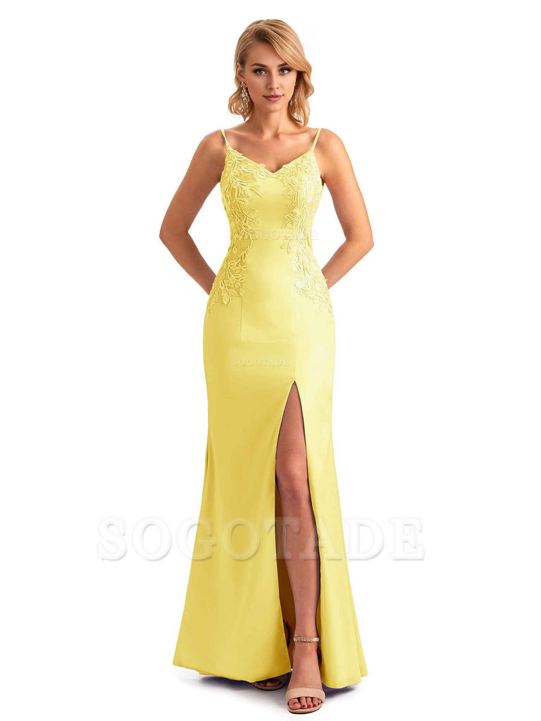 Sexy Side Split Mermaid Spaghetti Straps Soft Satin Unique Lace Long Bridesmaid Dresses