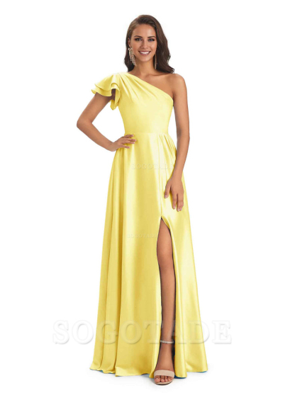 A-Line One Shoulder Ladies Long Bridesmaid Dresses Soft Satin Side Slit Elegant Evening Party Dress