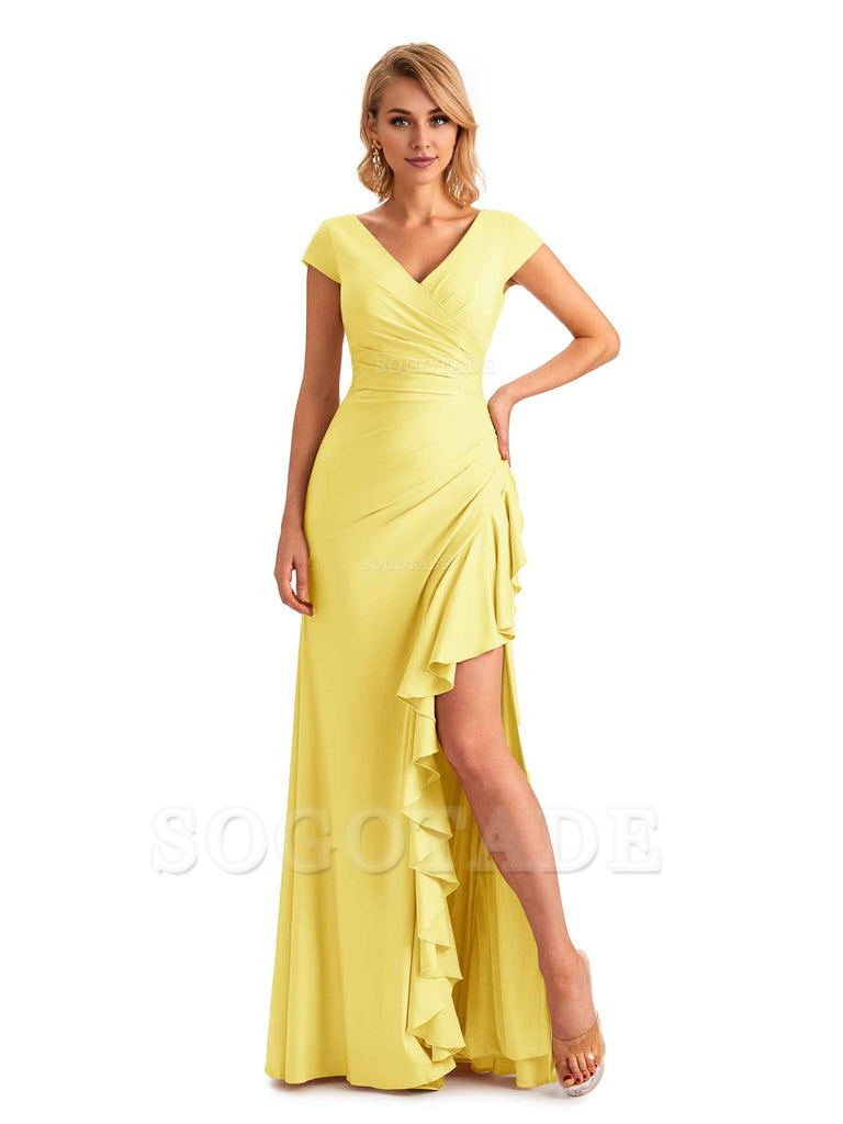 Sexy Side Slit Short Sleeves Mermaid Soft Satin Unique Long Maid Of Honor Dresses