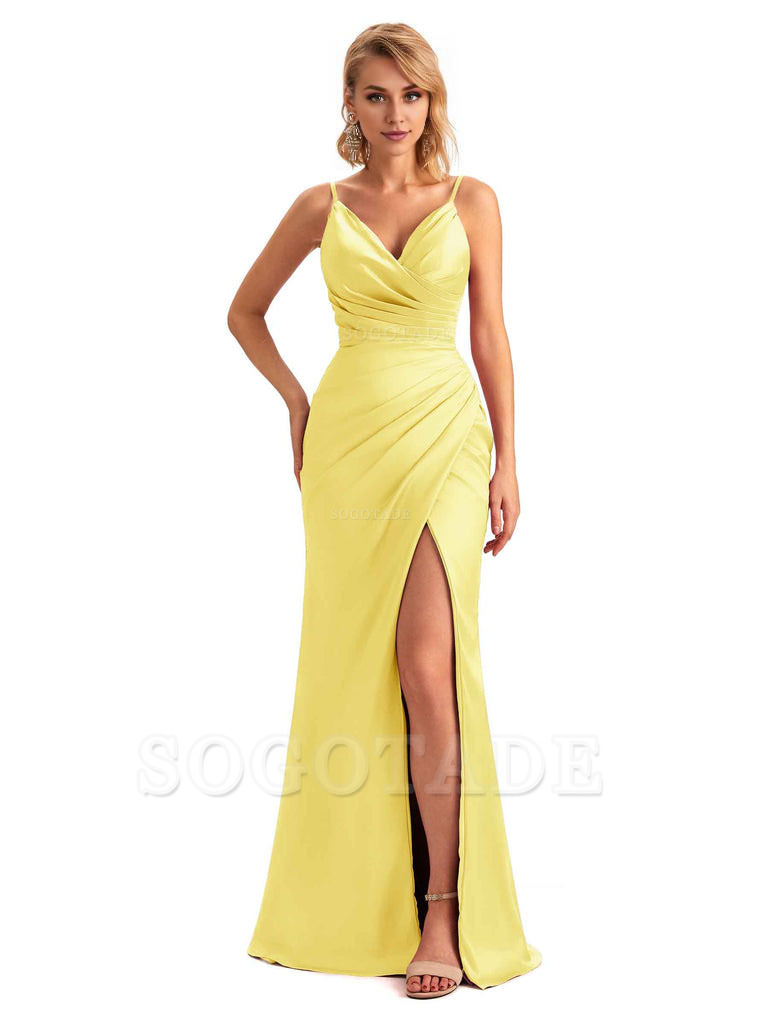 Sexy Side Slit V-Neck Mermaid Silky Satin Unique Long Formal Ladies Bridesmaid Dresses
