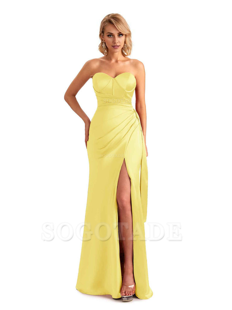 Sexy Side Slit Strapless Mermaid Soft Satin Unique Long Bridesmaid Dress For Wedding
