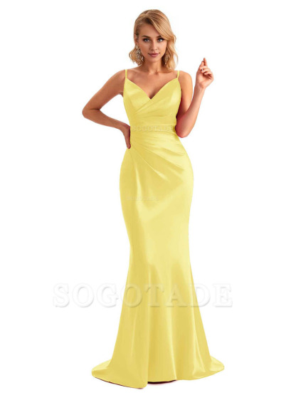 Sexy Backless Mermaid Spaghetti Straps Unique Long Formal Satin Dress For Women