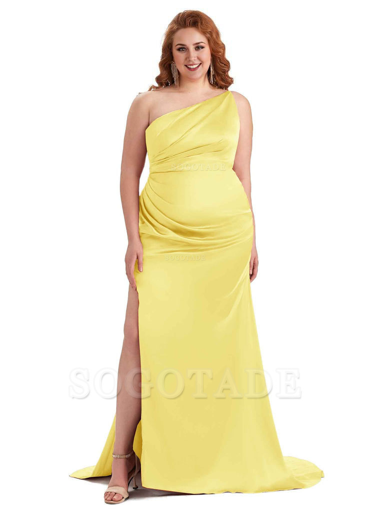 Sexy One Shoulder Side Slit Mermaid Soft Satin Long Plus Size Bridesmaid Dress For Wedding