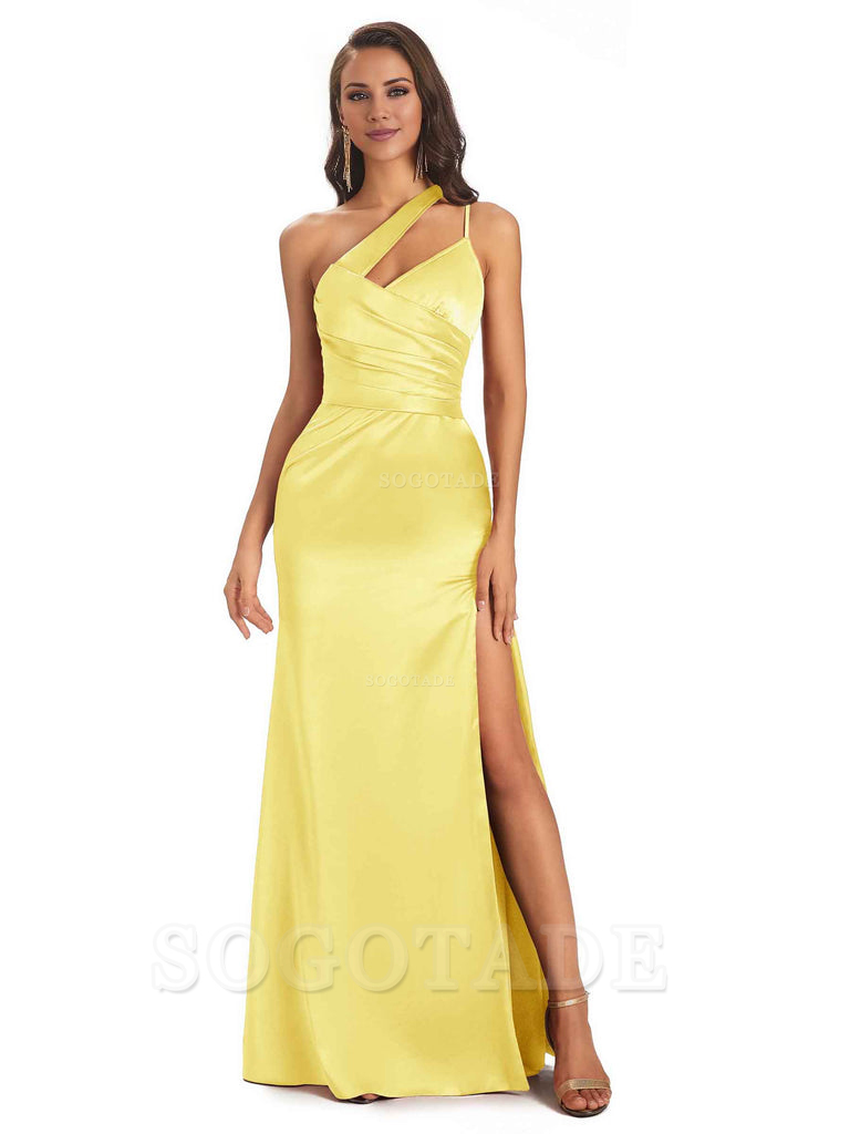 Elegant Soft Satin Side Slit One Shoulder Floor-Length Maxi Bridesmaid Dresses Evening Party Dress