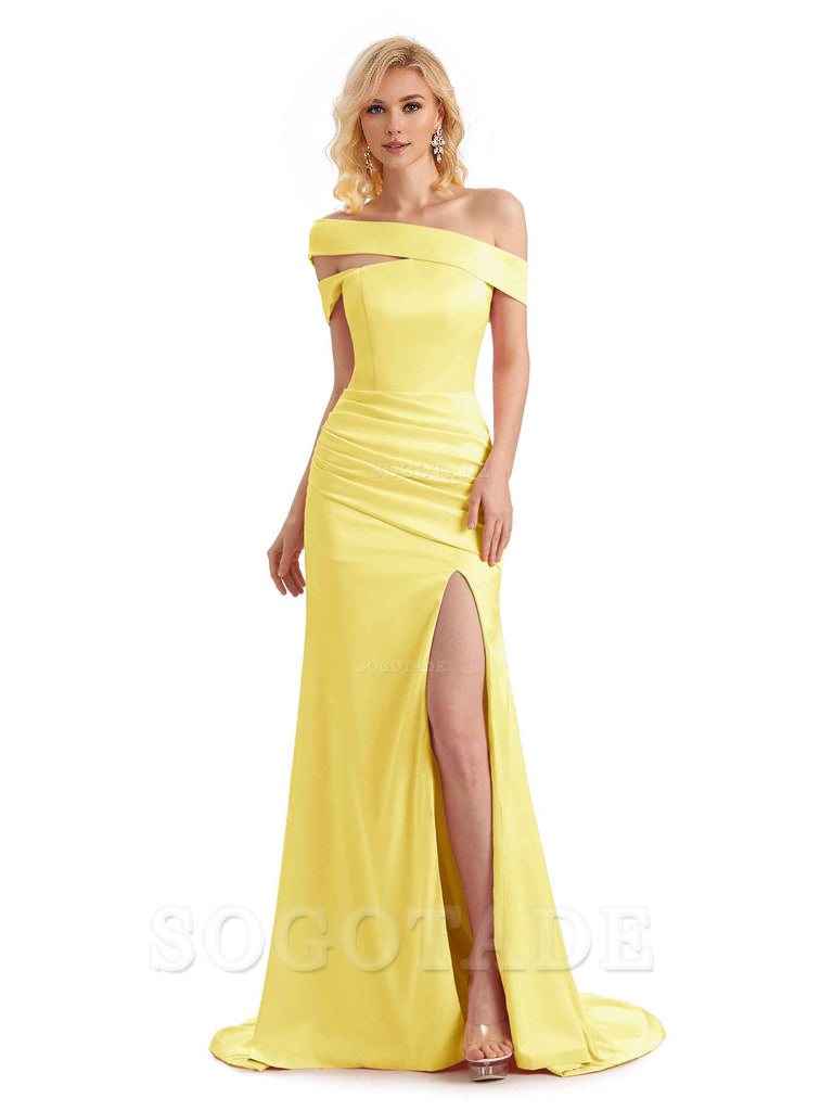 Elegant Asymmetrical Unique Soft Satin Side Slit Long Mermaid Bridesmaid Dresses Charming Evening Party Dress