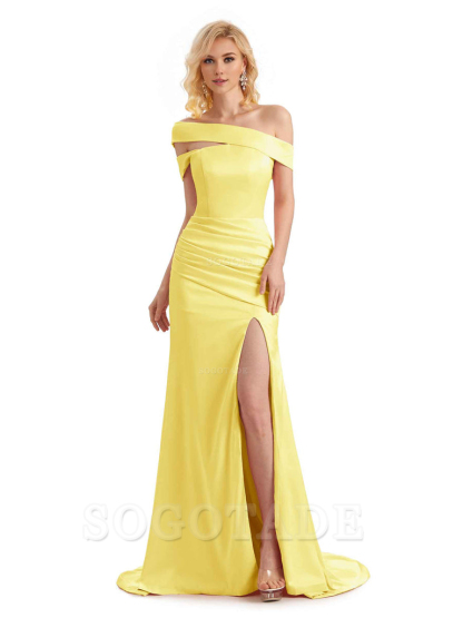 Elegant Asymmetrical Unique Soft Satin Side Slit Long Mermaid Bridesmaid Dresses Charming Evening Party Dress