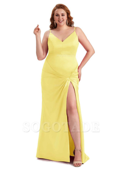 Sexy Spaghetti Straps V-neck Side Slit Mermaid Soft Satin Long Plus Size Bridesmaid Dress