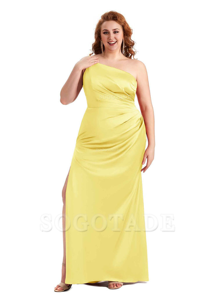 Sexy Side Slit One Shoulder Mermaid Soft Satin Long Plus Size Maid of Honour Dresses