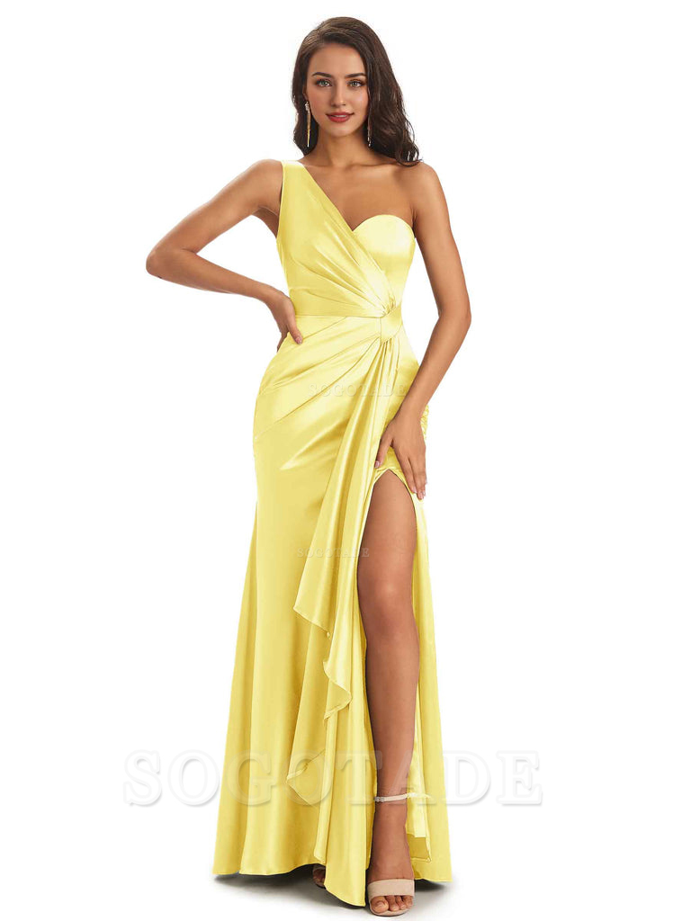 Elegant Soft Satin Side Slit One Shoulder Unique Mermaid Bridesmaid Dresses Online prom dresses shops