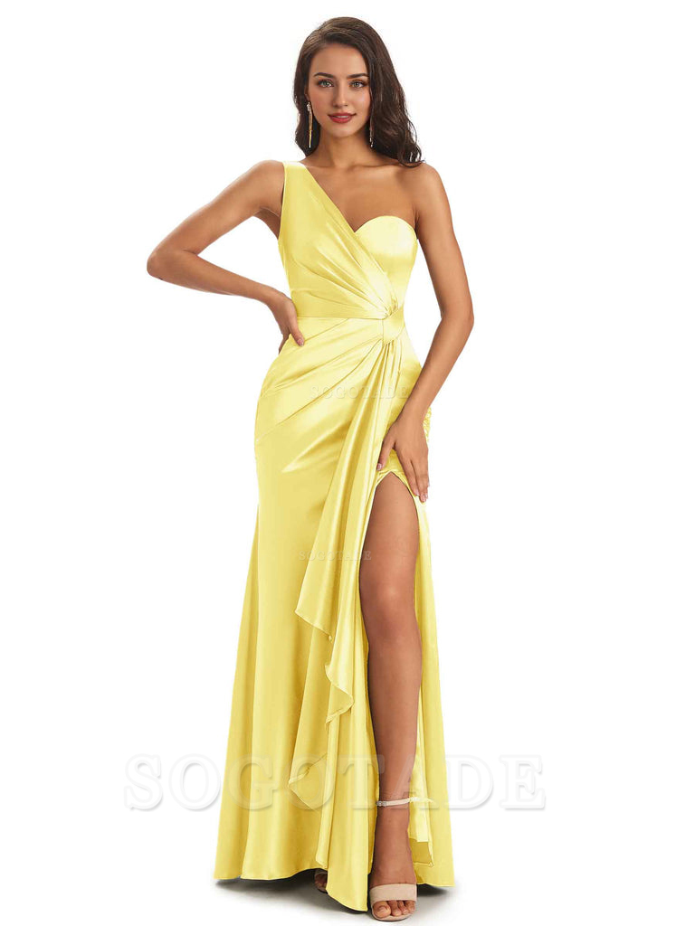 Elegant Soft Satin Side Slit One Shoulder Unique Mermaid Bridesmaid Dresses Online prom dresses shops