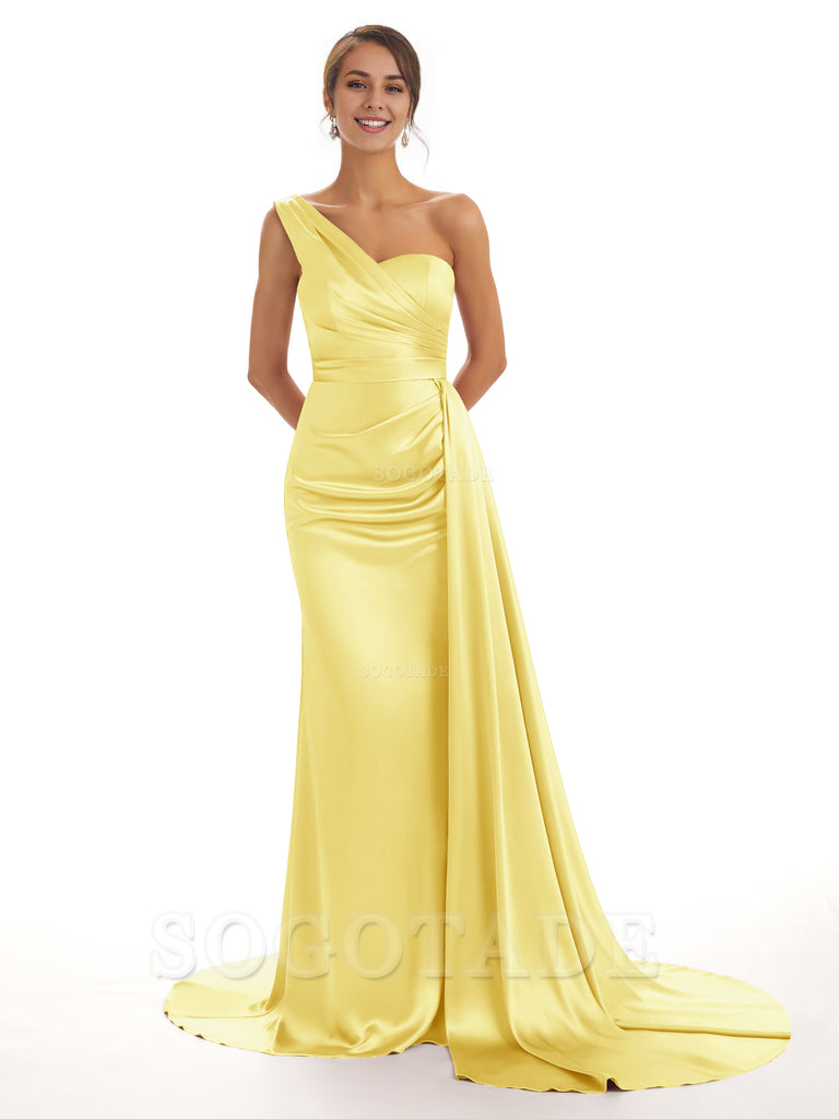 Elegant One Shoulder Soft Satin Unique Mermaid Long Bridesmaid Dresses Online prom dresses shops