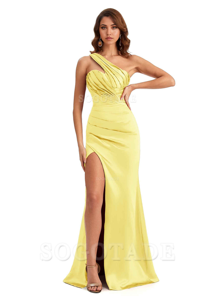 Sheath One shoulder Satin formal dresses evening gown Bridesmaid Dresses With Side Slit 