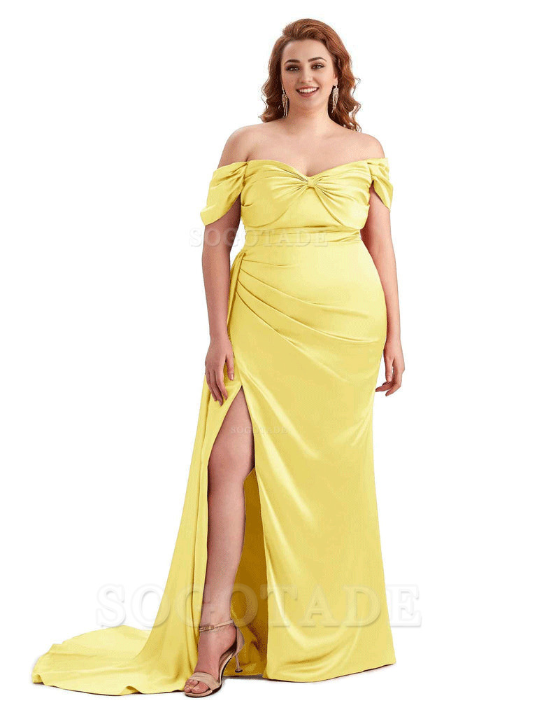  Sexy Side Slit Off The Shoulder Mermaid Soft Satin Long Plus Size Bridesmaid Dress For Wedding