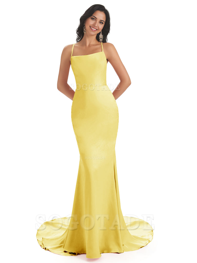 Mermaid Spaghetti Backless Straps Satin Long formal dresses evening gown Bridesmaid Dresses