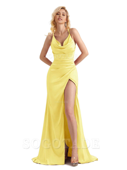 Sheath Cowl Neck Satin formal dresses evening gown Bridesmaid Dresses With Side Slit 