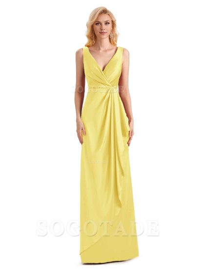 V Neck Elegant Soft Satin Formal Long Maid Bridesmaid Dresses Formal Wear Dresses