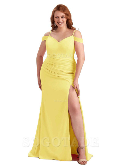 Sexy Side Slit Mermaid Cold Shoulder Soft Satin Long Plus Size Bridesmaid Dresses Online
