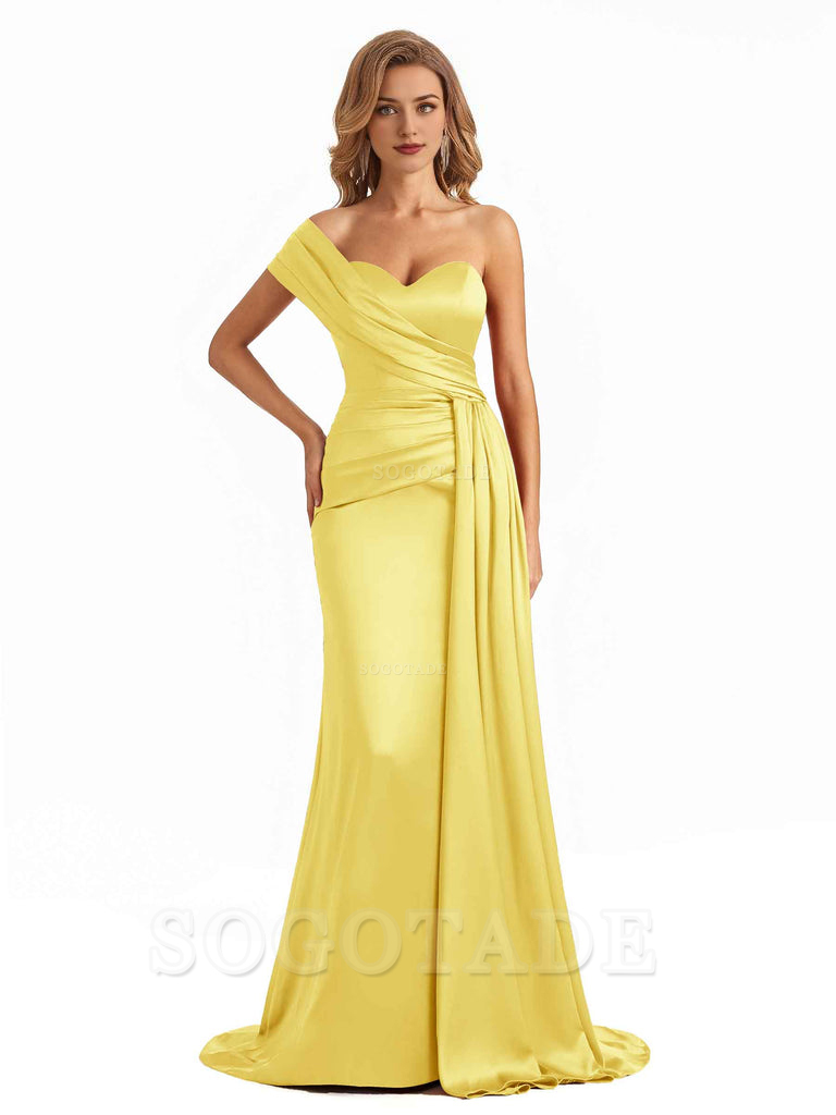 Elegant One Shoulder Soft Satin Long Mermaid Bridesmaid Dresses Online prom shop dresses ﻿