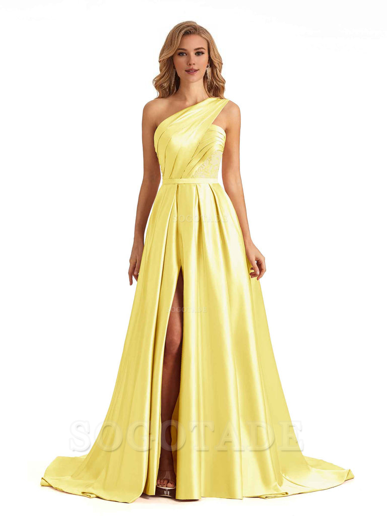 Sexy Side Slit One Shoulder A-Line Soft Satin Long Bridesmaid Dresses Online prom dress in store