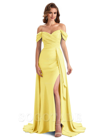 Sexy Side Slit Mermaid Soft Satin Off The Shoulder Long Unique Bridesmaid Dresses prom dress in store