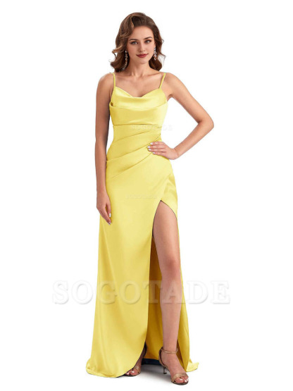 Soft Satin Side Slit Spaghetti Straps Sexy Wedding Bridesmaid Dresses
