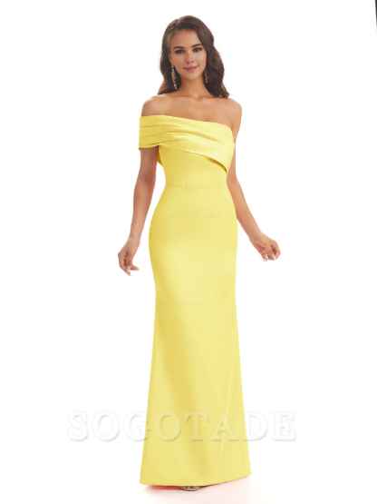 Soft Satin Sexy Side Slit One Shoulder Long Mermaid Bridesmaid Dresses Online prom dress in store