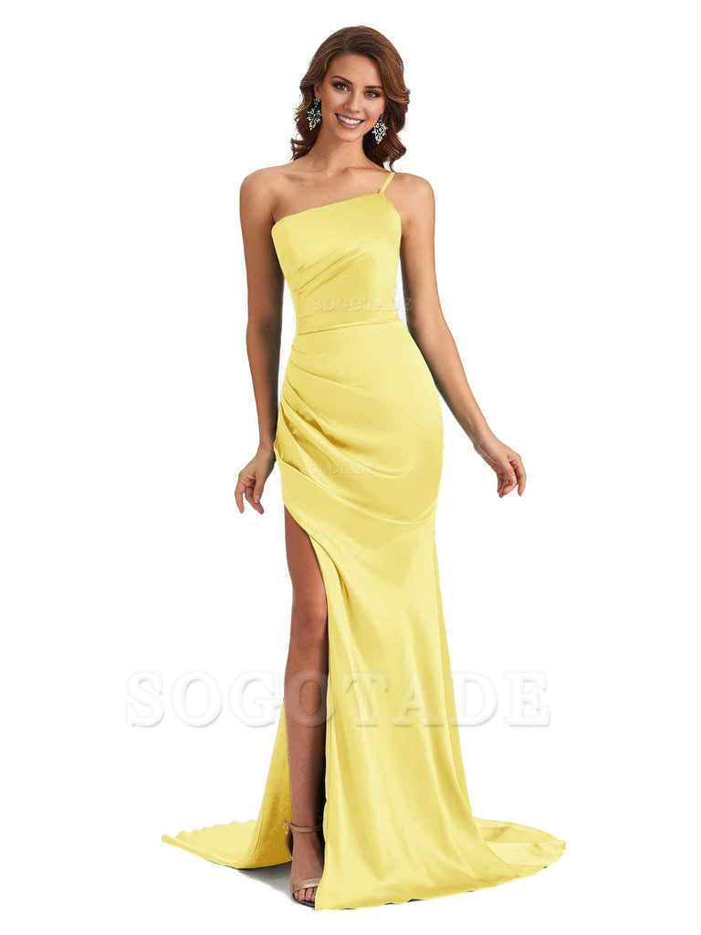 Sexy Silky Satin Side Slit One Shoulder Unique Long Wedding Guest Maxi Dresses