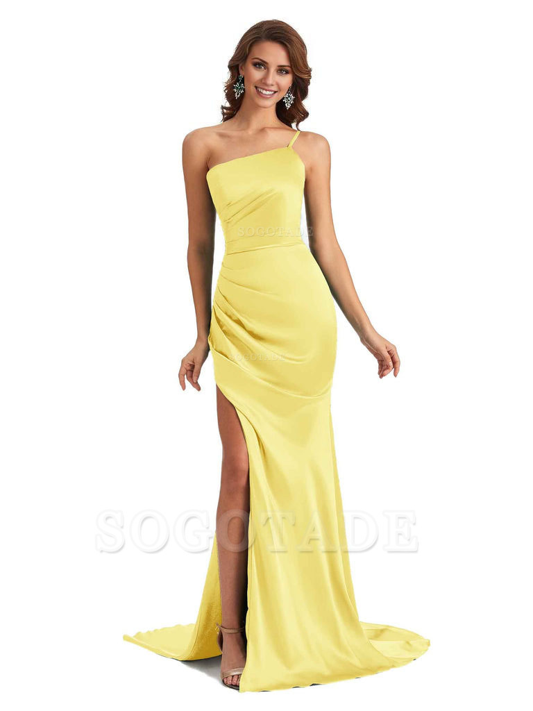 Sexy Silky Satin Side Slit One Shoulder Unique Long Wedding Guest Maxi Dresses