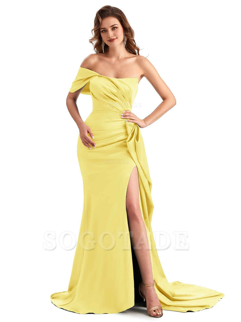 Sexy Side Slit Mermaid Silky Satin One Shoulder Chic Long Maid Of Honor Dresses