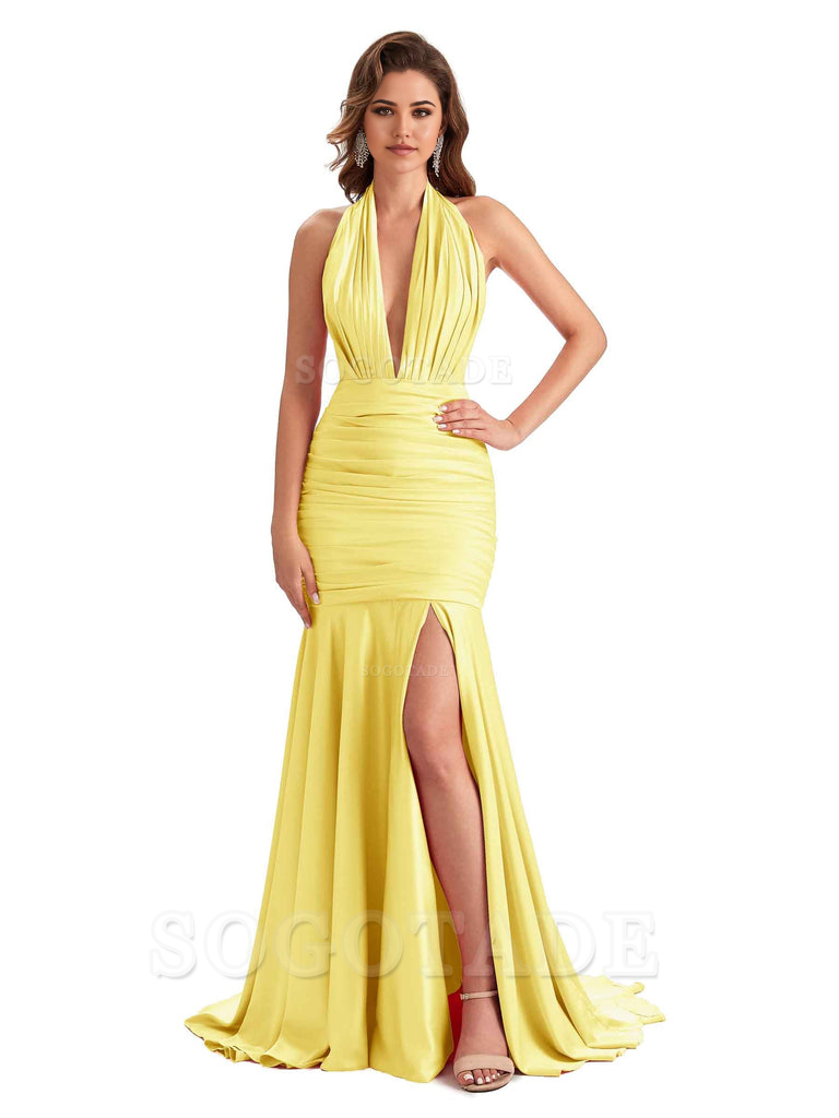 Mermaid Halter V-neck Satin formal dresses evening gown Bridesmaid Dresses With Side Slit 