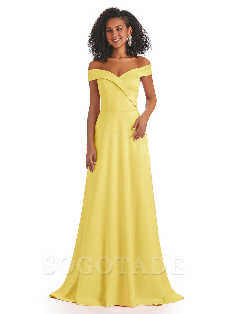 Soft Satin Off The Shoulder Long A-Line African Bridesmaid Dresses prom dress stores ﻿