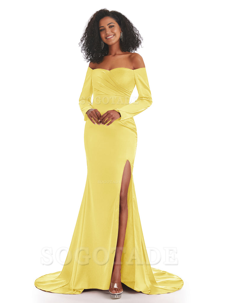 Mermaid Long Sleeve Satin formal dresses evening gown Bridesmaid Dresses With Side Slit 