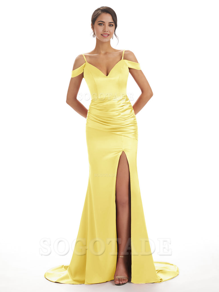 Mermaid Off The Shoulder Satin formal dresses evening gown Bridesmaid Dresses With Side Slit 