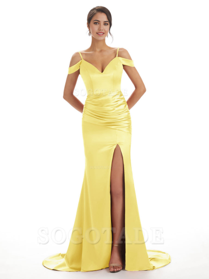 Mermaid Off The Shoulder Satin formal dresses evening gown Bridesmaid Dresses With Side Slit 