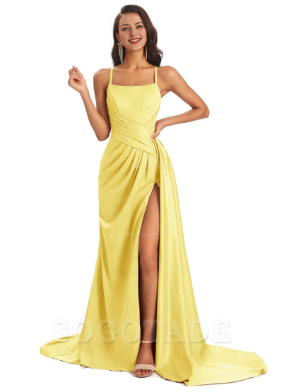 Sexy Soft Satin Side Slit Spaghetti Straps Long Maxi Bridesmaid Dresses prom shop dresses