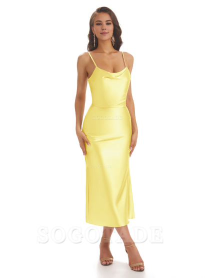 Sexy Soft Satin Spaghetti Strap Tea-Length Midi Short Bridesmaid Dresses prom shop dresses