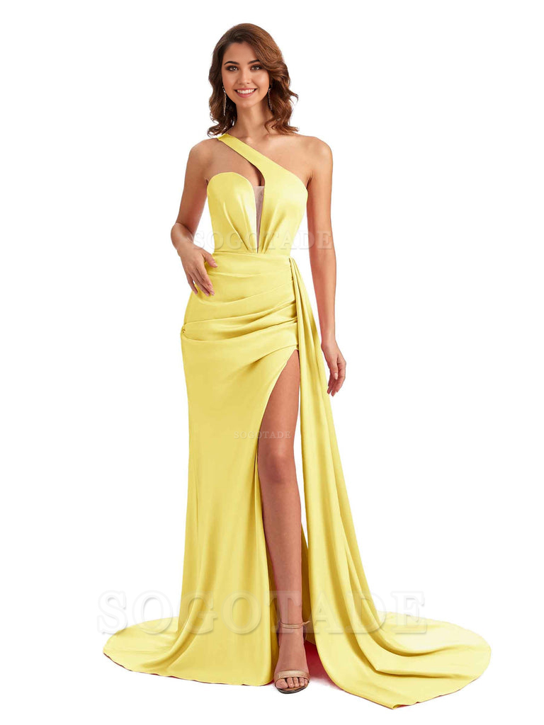 Mermaid One Shoulder Satin formal dresses evening gown Bridesmaid Dresses With Side Slit