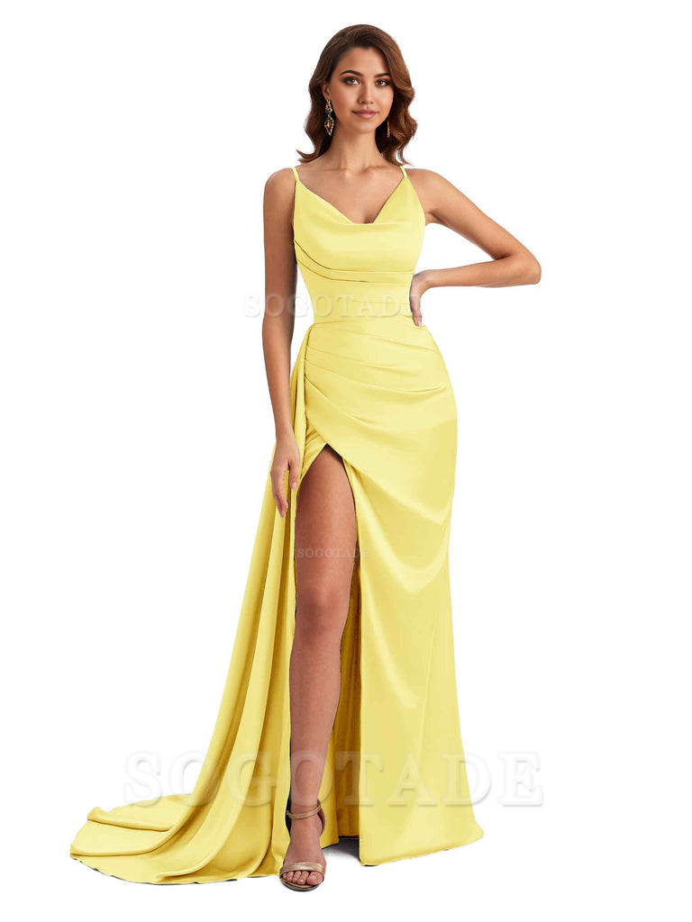 Mermaid Cowl Spaghetti Satin formal dresses evening gown Bridesmaid Dresses With Side Slit