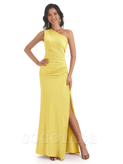 Mermaid One Shoulder Satin formal dresses evening gown Bridesmaid Dresses With Side Slit 