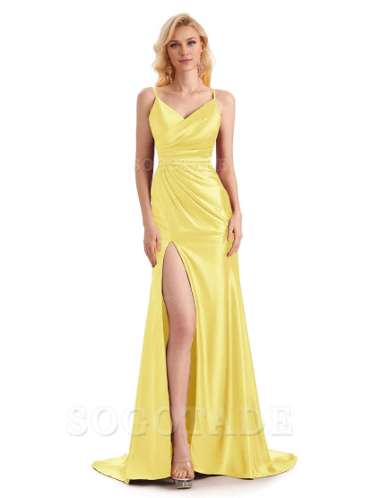 Sexy Charming Side Slit V-Neck Pleated Spaghetti Straps Backless Satin Bridesmaid Dresses Formal Women's Dresses Wedding Guests Dresses