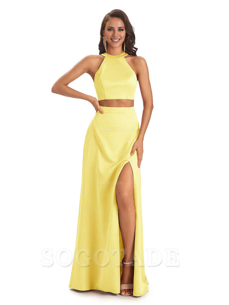 Soft Satin Two-Pieces Halter Side Slit Sexy Fashion Bridesmaid Dresses Charming Evening Party Dress
