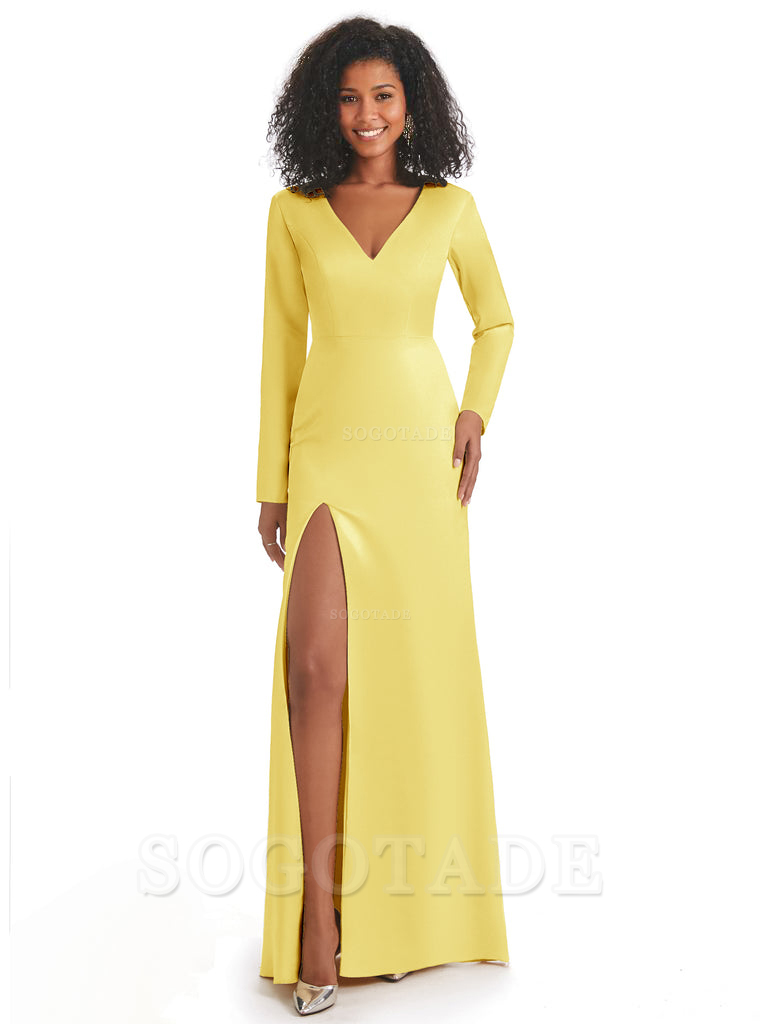 Soft Satin Side Slit Long Sleeves V-Neck Long African Mermaid Bridesmaid Dresses Elegant Evening Party Dress