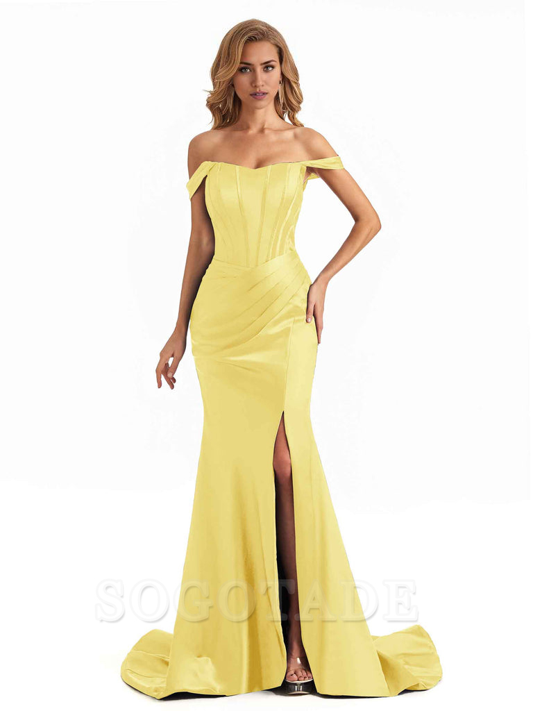 Sexy Long Mermaid Bridesmaid Dresses Off The Shoulder with Side Slit Satin Elegant Evening Party Dress 