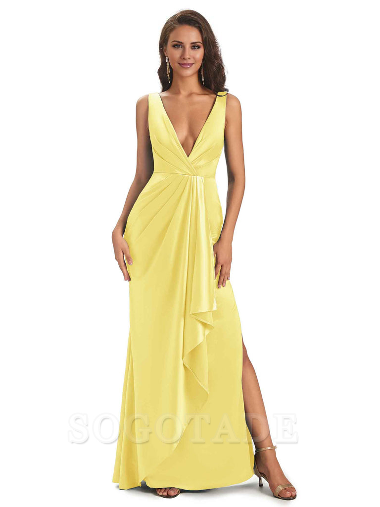 Sexy Satin V-Neck Floor-Length Long Bridesmaid Dresses with Side Slit Elegant Evening Party Dress