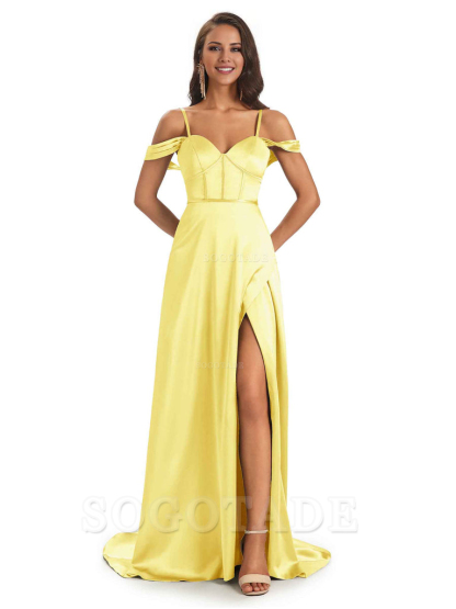 Stylish Soft Satin Side Slit Spaghetti Straps Bridesmaid Dresses Elegant Evening Party Dress
