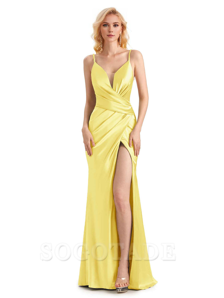 Sexy Satin Side Slit V-Neck Long Mermaid Bridesmaid Dresses with Front Slit