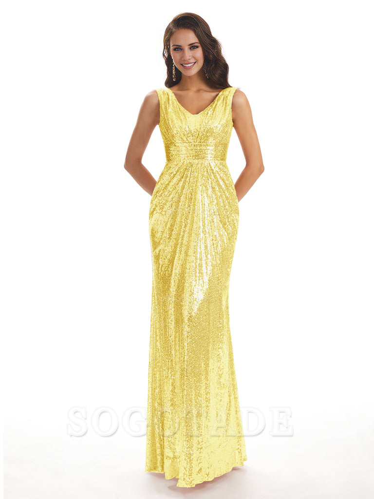 Sparkly V-Neck Sequin Long Mermaid Bridesmaid Dresses Sleeveless Charming Evening Party Dress