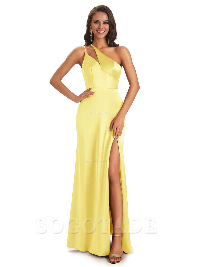 Sexy Soft Satin Side Slit One Shoulder Floor-Length Mermaid Long Bridesmaid Dresses Elegant Evening Party Dress