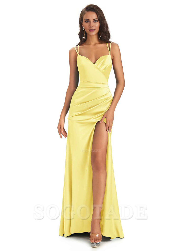 Sexy Soft Satin Side Slit Spaghetti Straps Long Maxi Mermaid Bridesmaid Dresses Elegant Evening Party Dress