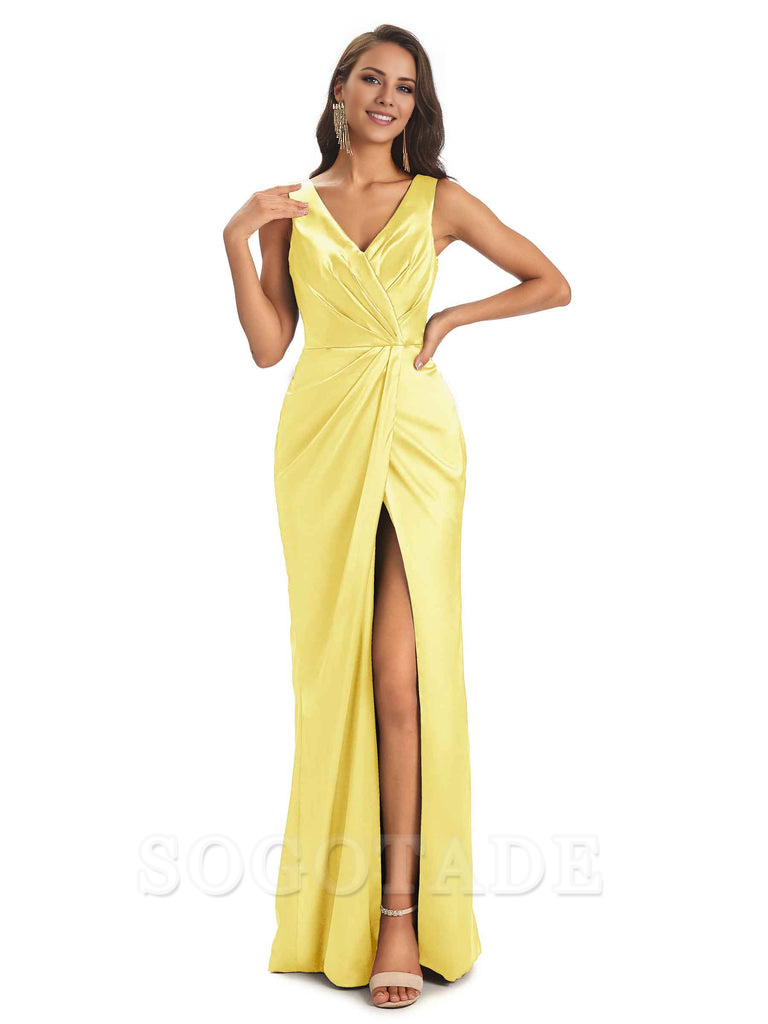 V-Neck Unique Long Satin Bridesmaid Dresses with Front Slit